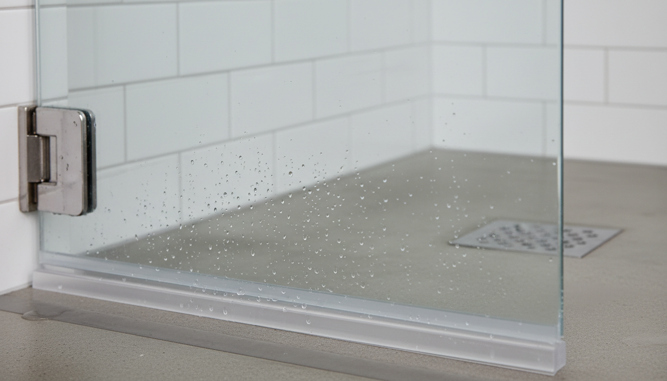 Close-up of shower door bottom sweep seal with drip rail installed on frameless glass door