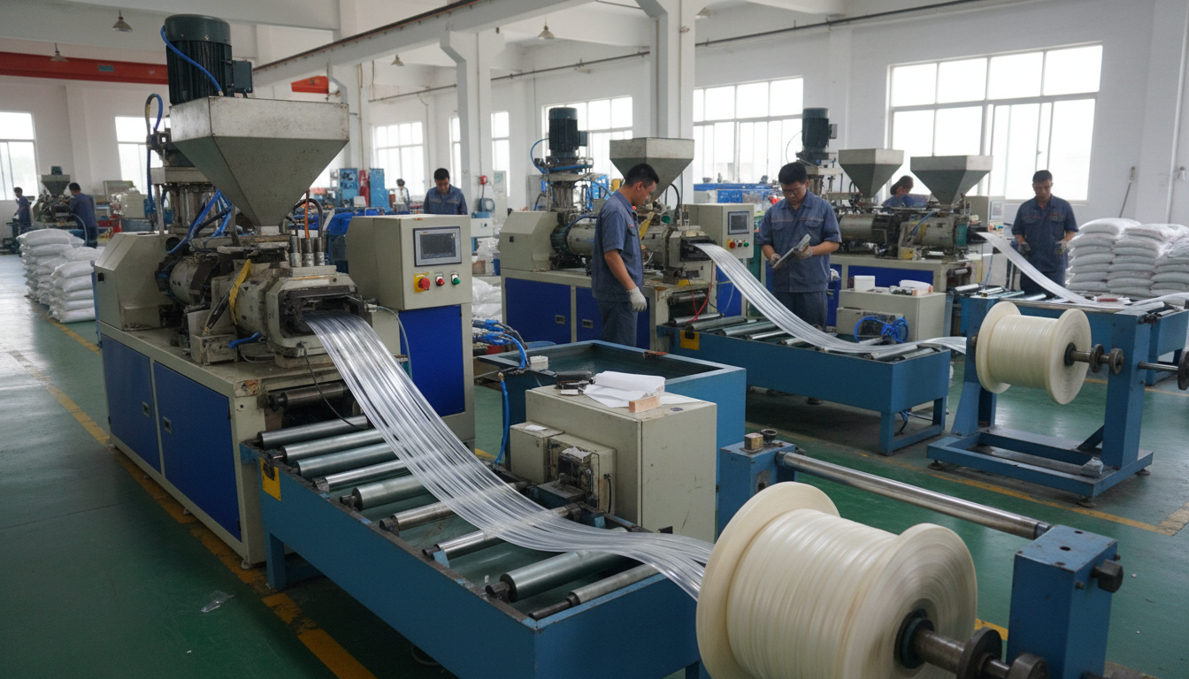 Manufacturing facility with PVC extrusion machines producing shower door seal strips on production line