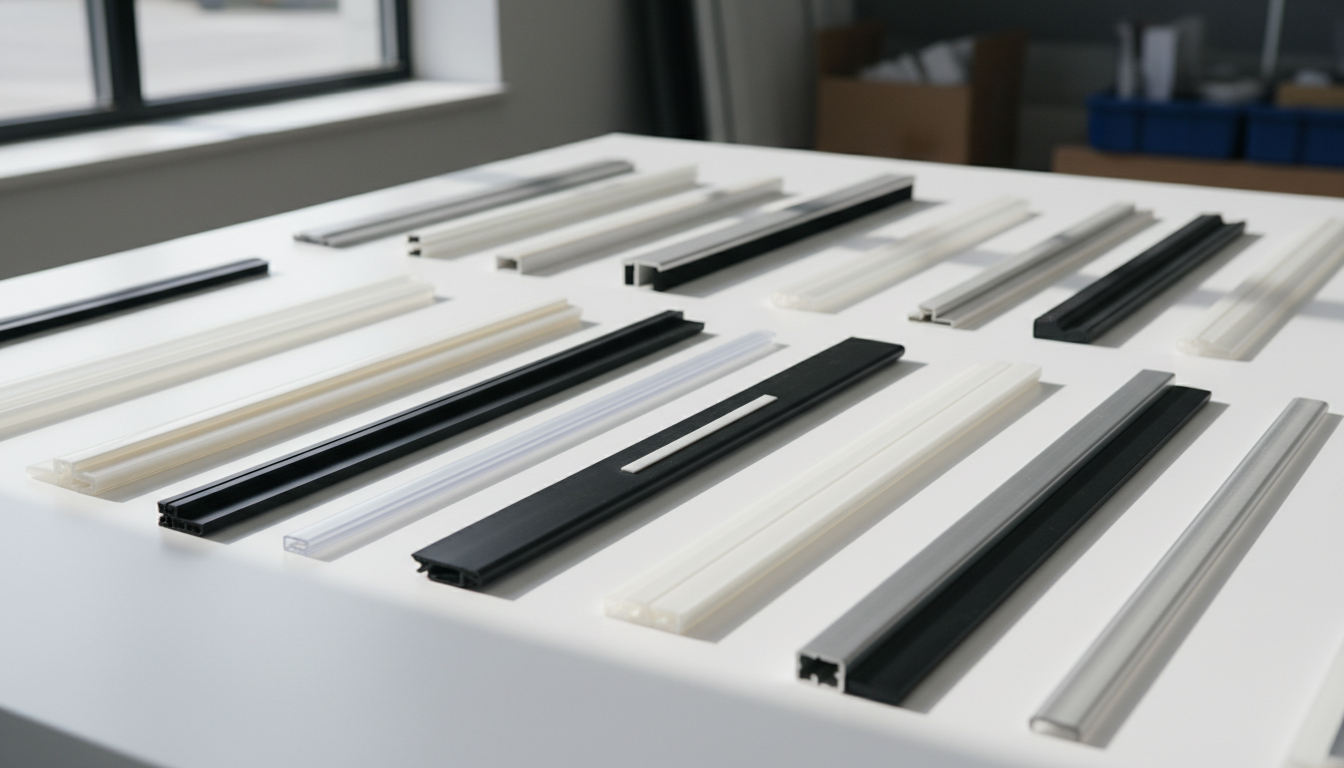 Variety of shower door sweeps and seals displayed on white surface showing different profiles and materials