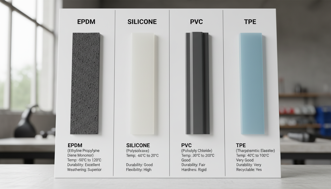 Comparison chart showing different door seal materials including EPDM, silicone, PVC and TPE samples with specifications
