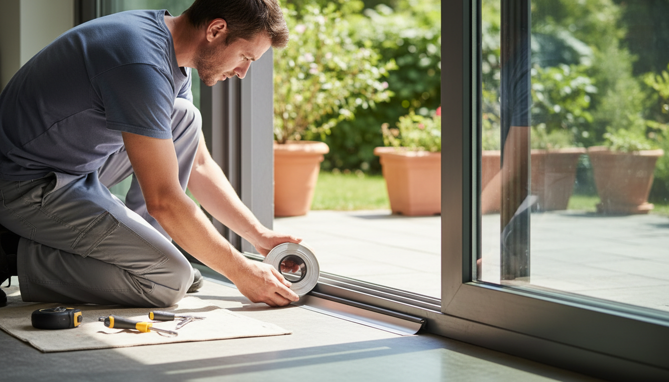 Professional installation of self-adhesive aluminum alloy weather strip on sliding glass door