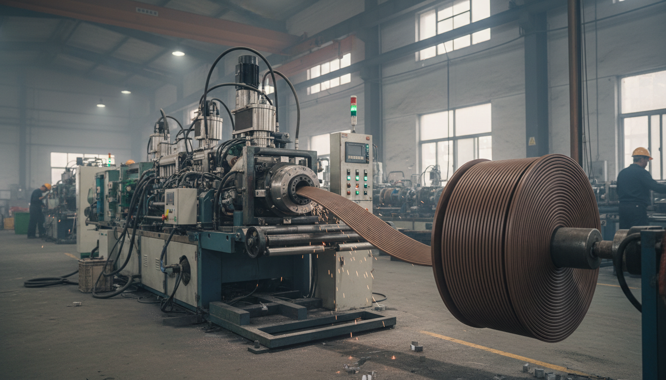 Industrial extrusion machine producing continuous magnetic sealing strip in factory setting