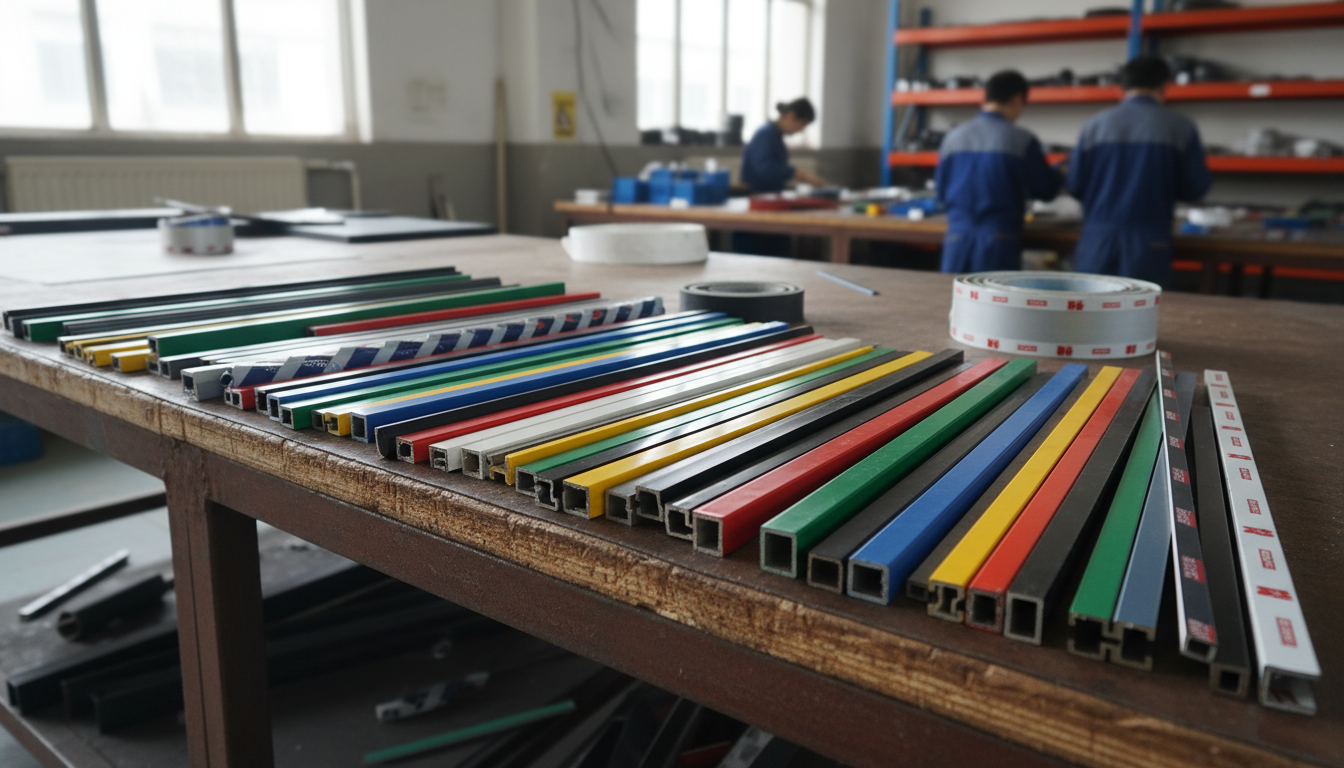Various custom magnetic strip profiles in different colors and sizes displayed on manufacturing table