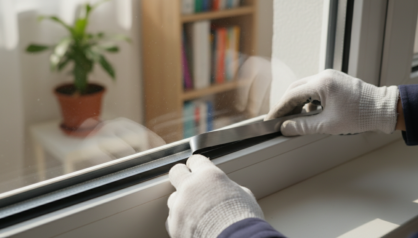 Installation demonstration of self-adhesive aluminum alloy sealing strip on window frame