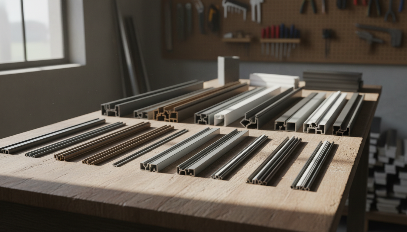 Various types of aluminum door and window sealing strips displayed in different colors and sizes
