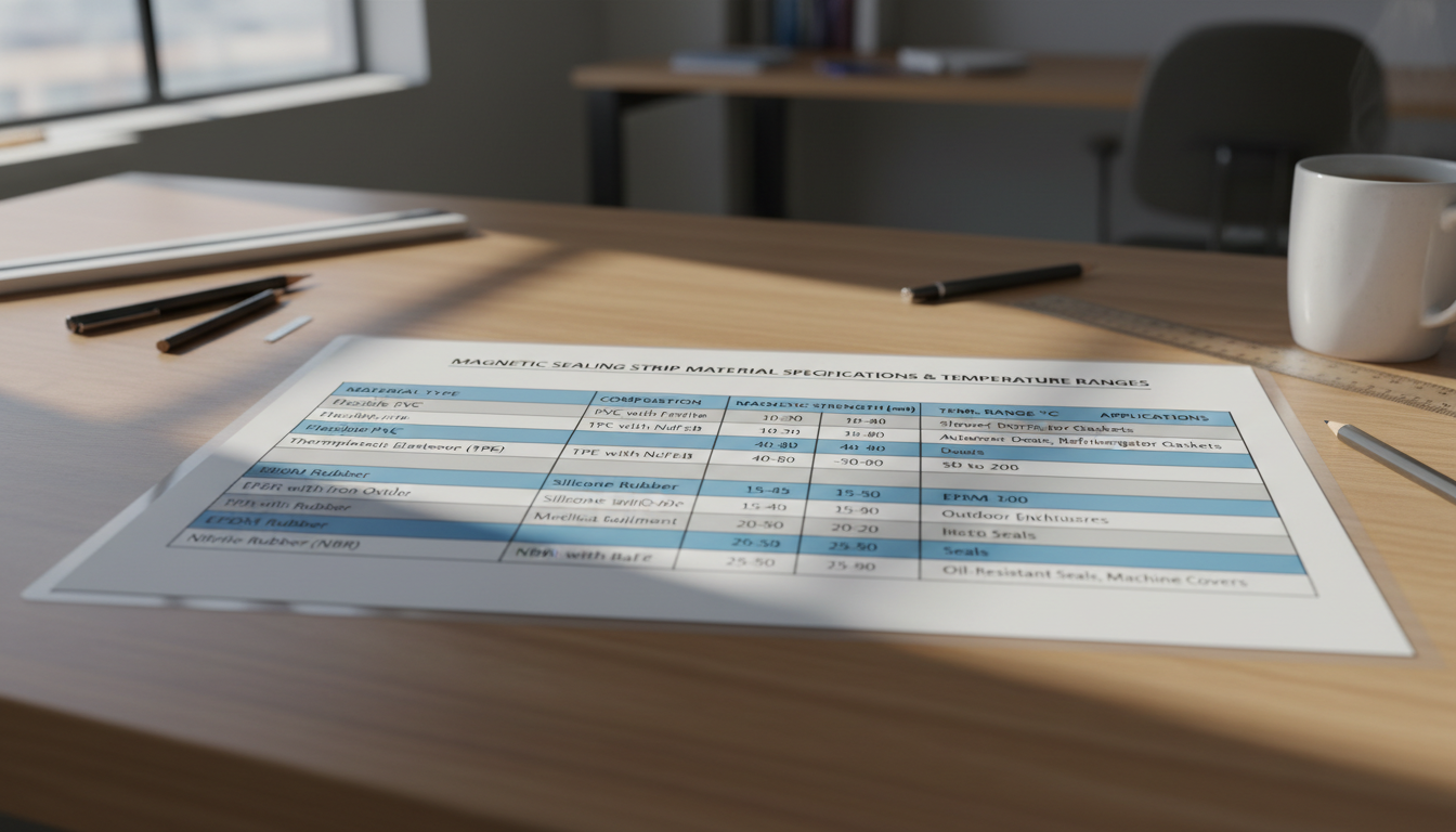 Comparison chart showing magnetic sealing strip material specifications and temperature ranges